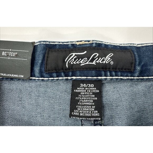 True Luck Jeans Mens 34x30 Blue Denim Bootcut Stretch Embroidered Whiskering - Picture 5 of 11